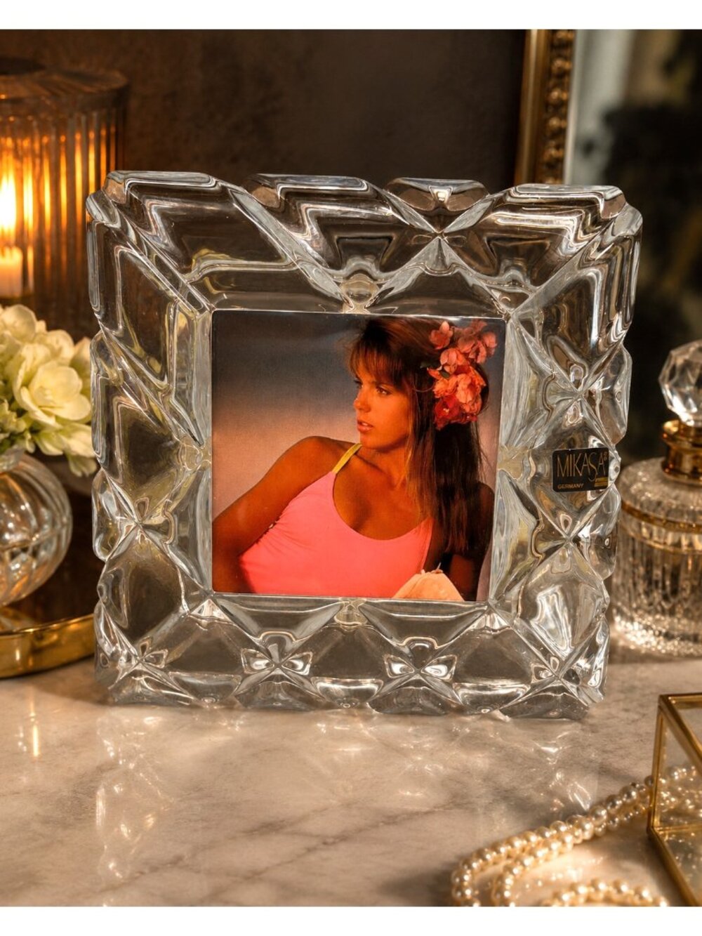 Vintage Mikasa Crystal Picture Frame Heavy Glass 4x4 Photo Frame Vanity Decor